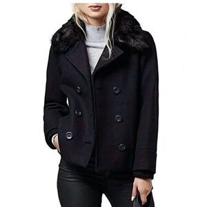 Top shop black wool blend coat. Removable faux fur collar size 4